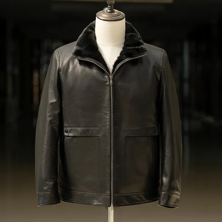 水貂内胆真皮皮衣男山羊皮整貂冬季保暖防风夹克时尚简约
