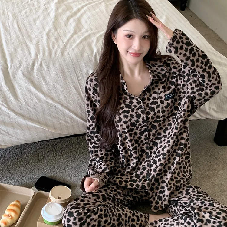 秋冬季女士睡衣纯棉长袖长裤翻领开衫时尚豹纹休闲家居服两件套