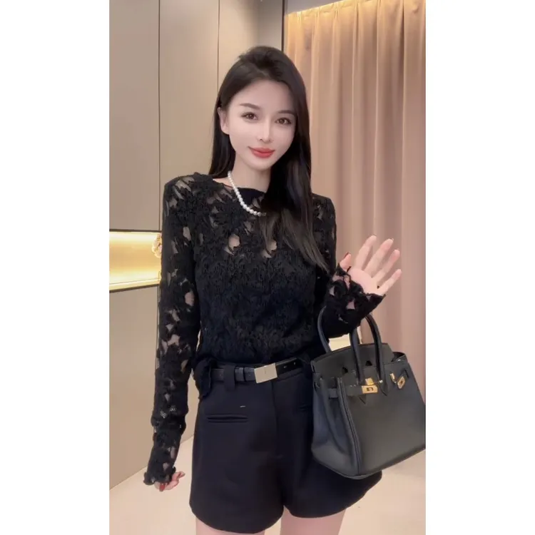 欧货新款蕾丝花朵微透AB版双面穿气质性感小心机女人味打底衫