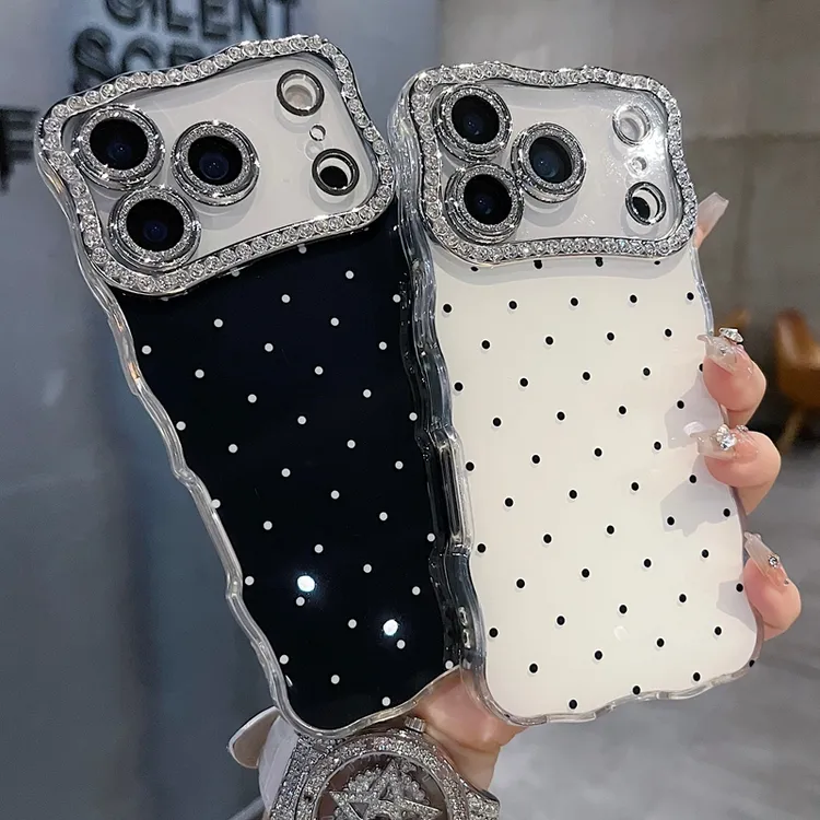 适用苹果系列iPhone17新款手机壳时尚感白底波点全包满钻精孔镜框