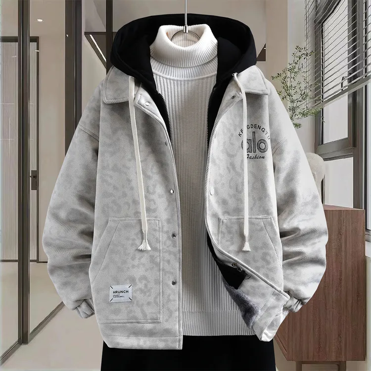 假两件连帽外套男2025新款夹克男潮牌秋冬季加绒加厚美式扎染上衣