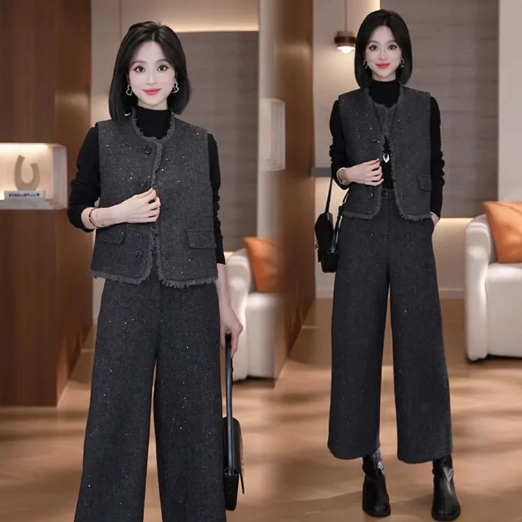 2025早秋氛围感超火大方得体穿搭马甲打底衫+阔腿裤三件套女
