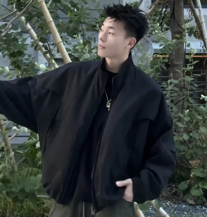 秋季新款美式设计感蝙蝠袖立领夹克男款轻奢痞帅时尚百搭休闲外套