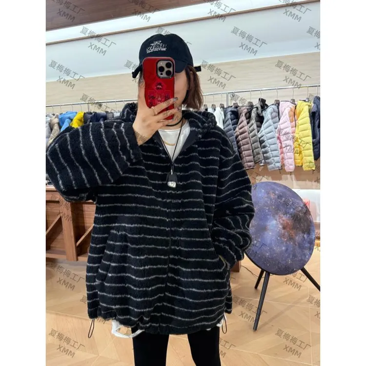 XMM.【条纹毛茸茸外套】时尚百搭连帽加绒保暖秋冬新款休闲衣H77026