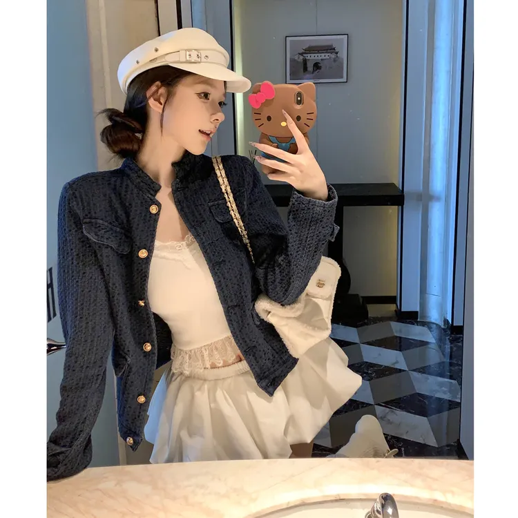 秋季小香风宽松小众肌理感立领深蓝牛仔外套短款休闲长袖牛仔上衣