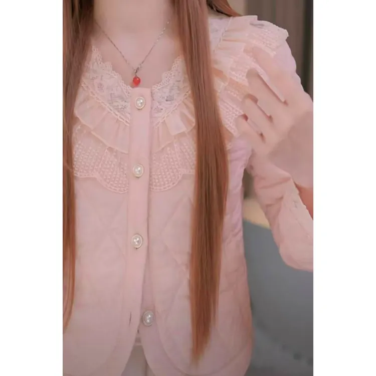 【伊舞】2025秋冬新款粉色菱形棉服外套女高级感甜美法式温柔小外套