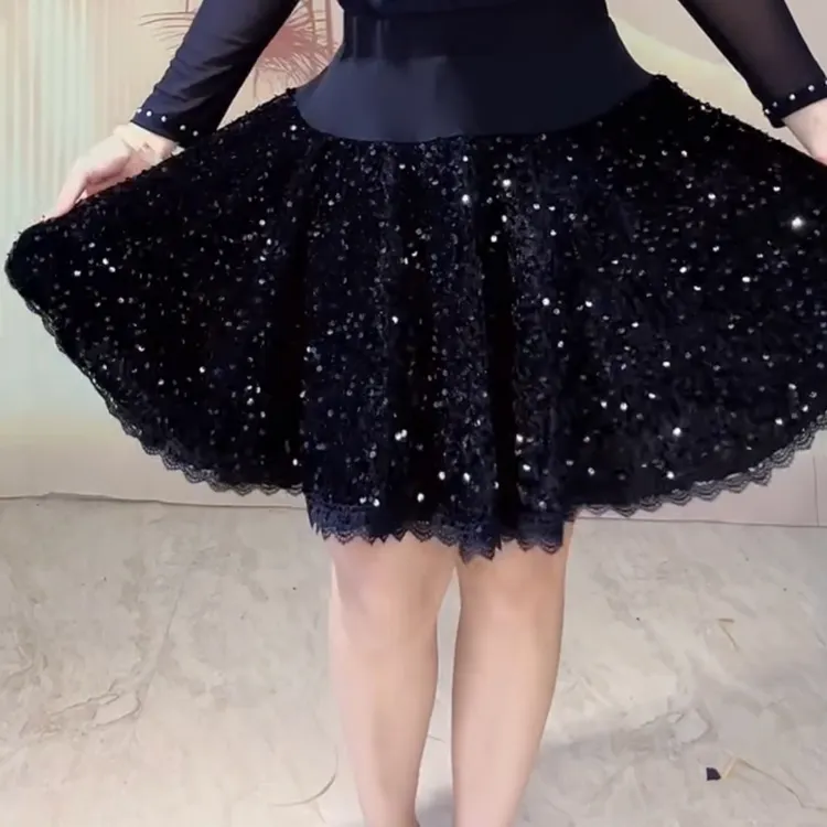 女士高腰A字绣花亮片三步踩舞蹈半身短裙黑色时尚百搭半身裙裙子