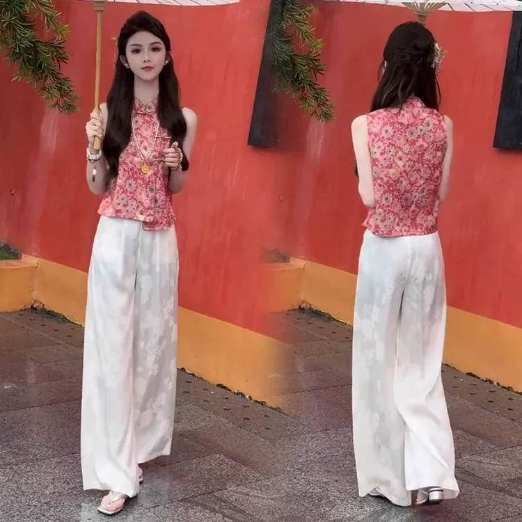 拉夏贝尔新中式时尚套装女2025夏季盘扣提花无袖上衣阔腿裤两件套