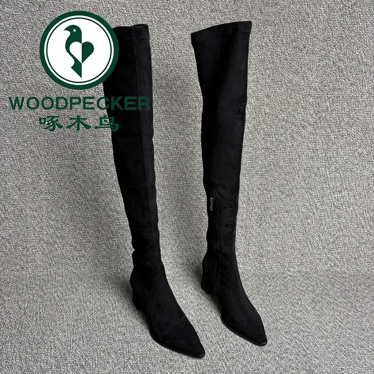 啄木鸟卡其色尖头高跟鞋2025年秋冬新款弹力瘦瘦靴瘦腿靴子过膝靴