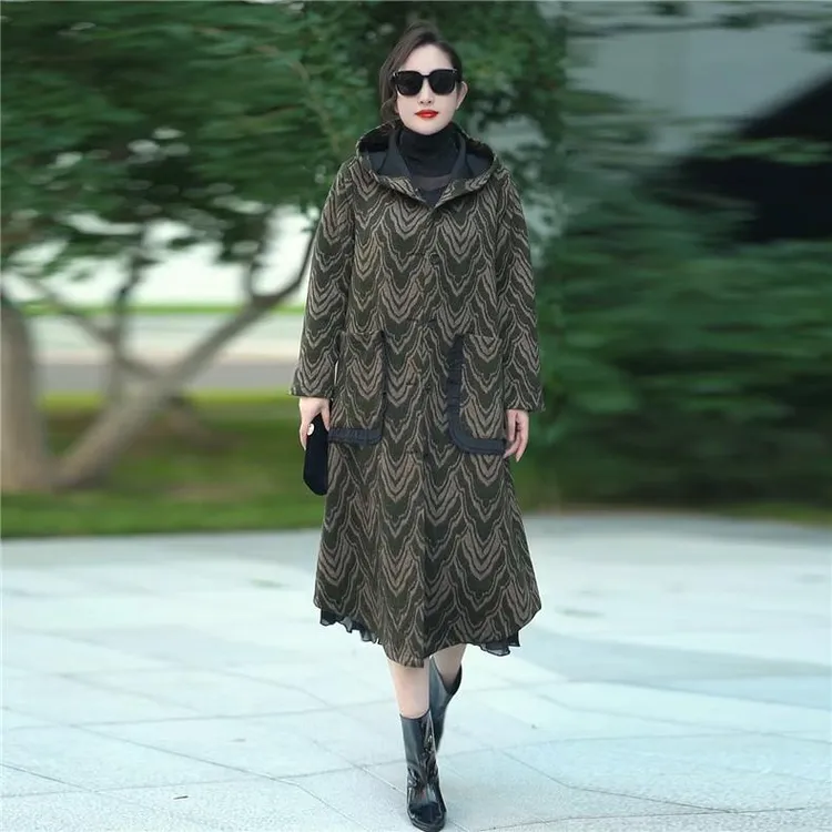 2137外套宽松毛羊绒长款新款高档提花大码过膝秋冬妈妈呢大衣连帽