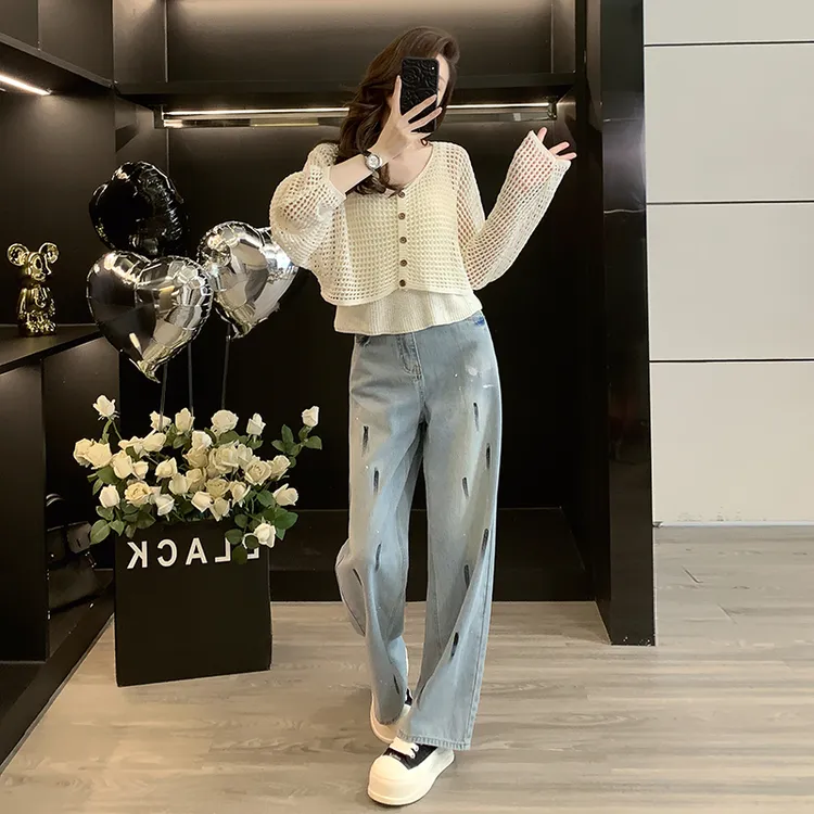 吊带背心镂空针织开衫女秋冬新叠穿短款上衣个性涂鸦牛仔裤直筒裤