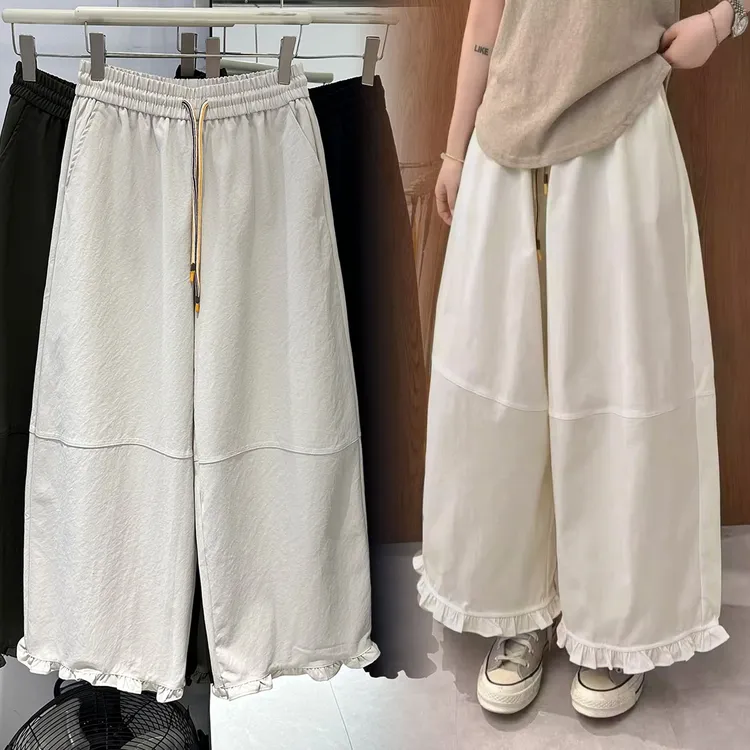 2025早秋韩系洋气木耳花边阔腿裤女加肥显瘦宽松直筒休闲裤子