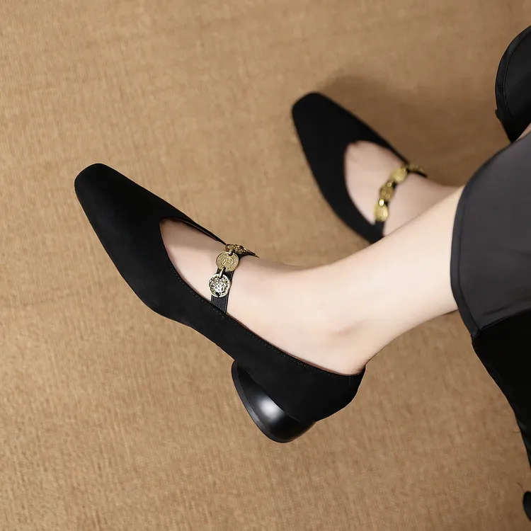 时尚方头金币链条气质玛丽珍女鞋2025新款百搭浅口复古粗低跟单鞋