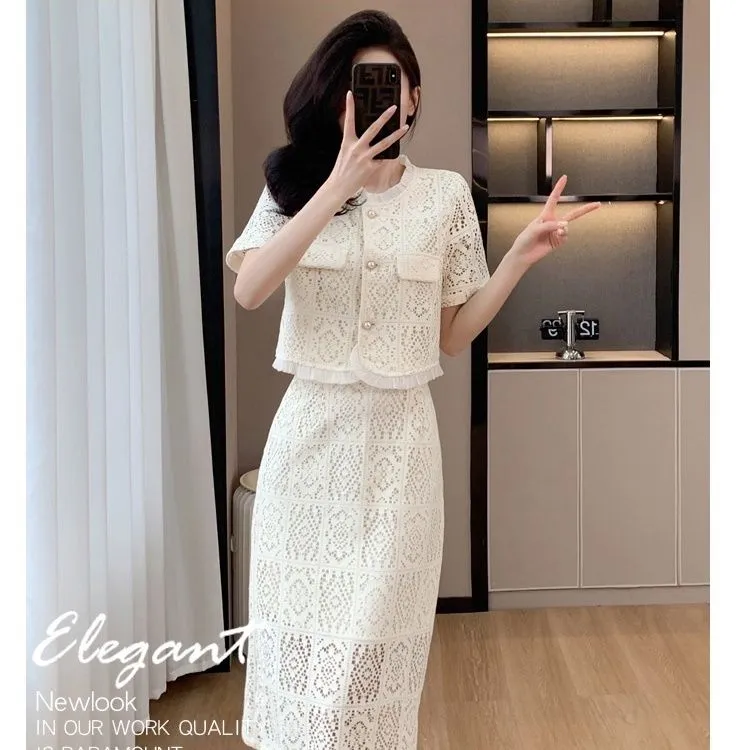 【现货+运费险】流苏小香风短袖时尚蕾丝拼接开衫半身裙两件套RO365