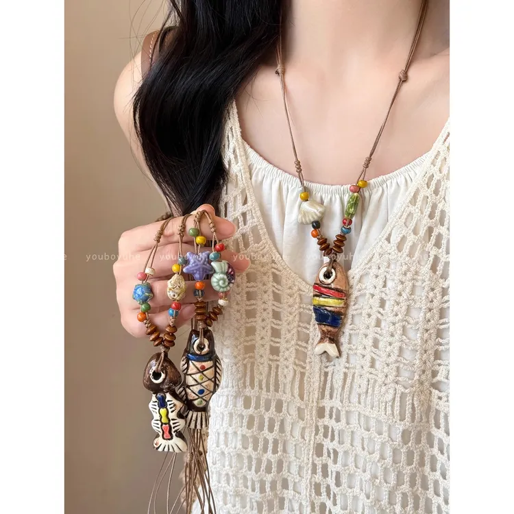 铜布艺项链 新中式小鱼串珠吊坠项链女复古民族风长款锁骨链配饰 