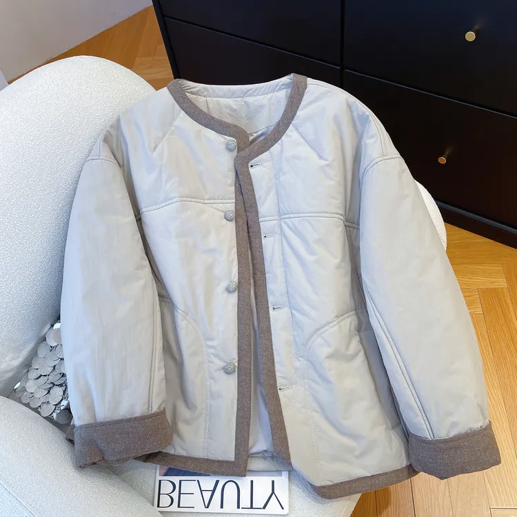 设计感复古别致拼色圆领棉服外套2025冬韩版时尚宽松百搭保暖棉衣