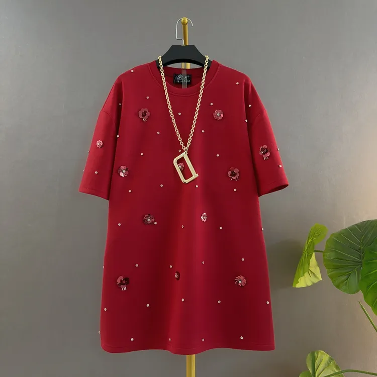 中长款休闲百搭钉珠镶钻立体亮片花朵宽松遮肉洋气时尚半袖T恤