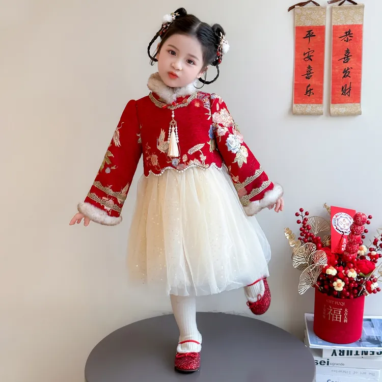 女童连衣裙新年拜年服冬装儿童裙子洋气红色公主裙小女孩过年衣服