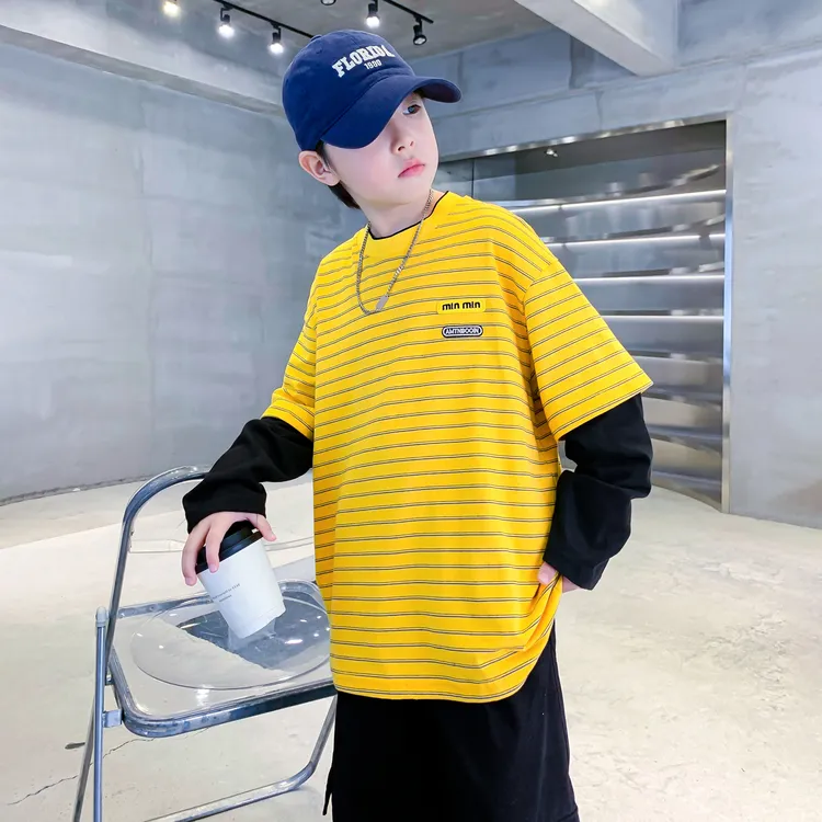 男童秋季假两件条纹撞色长袖t恤2025新款儿童男孩多巴胺宽松上衣