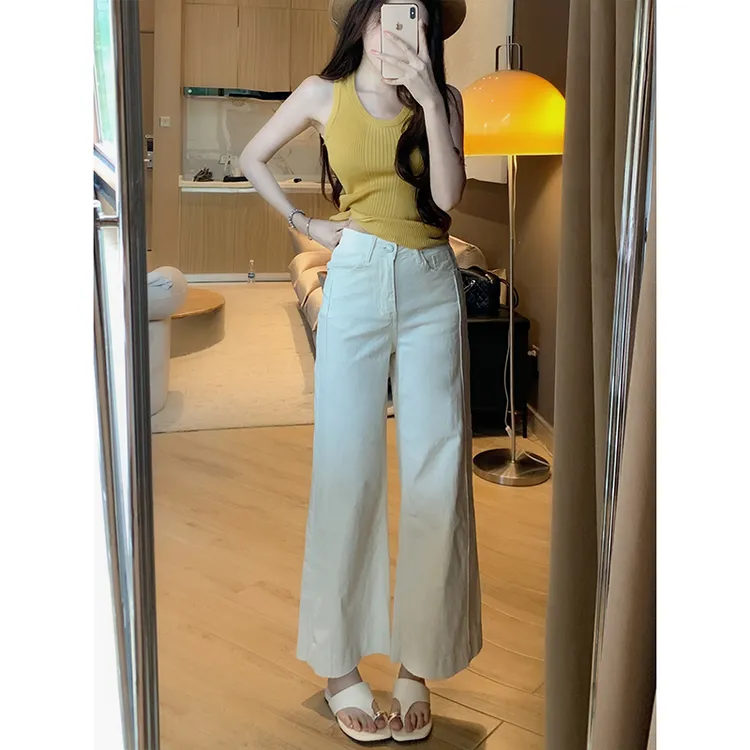 弹力九分白色直筒牛仔裤女2025秋季新款高腰宽松显瘦休闲垂感裤子
