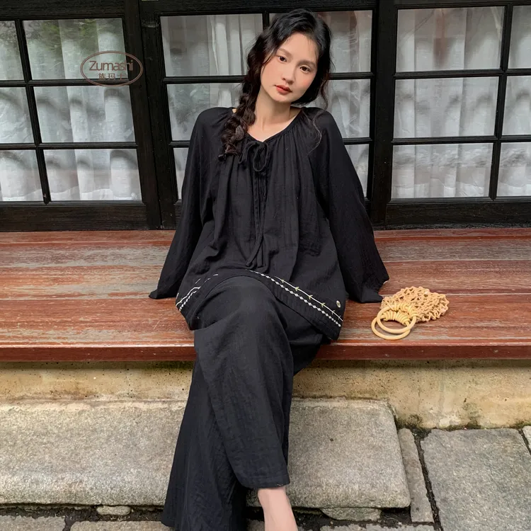 族玛士纯棉纱布长袖春秋圆领家居服套装复古女睡衣秋季家居服