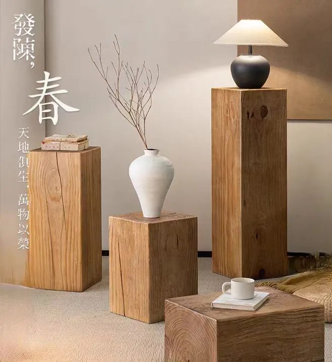 木墩子边几底座侘寂风复古实木做旧木桩花架民宿酒店方形木桩摆件