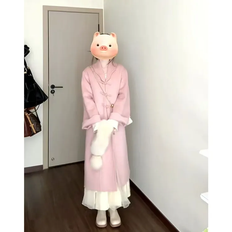 2024早春新中式双面呢子大衣高级感毛呢外套+长袖长款连衣裙套装