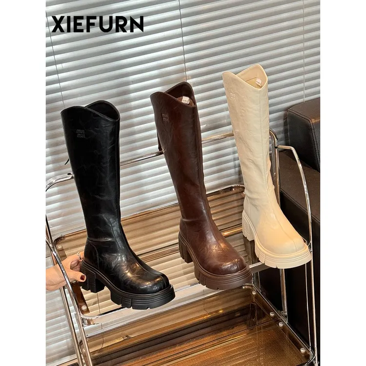 红青蜓XIEFURN/鞋夫人厚底百搭长筒靴女新款秋冬增高显瘦V口骑士