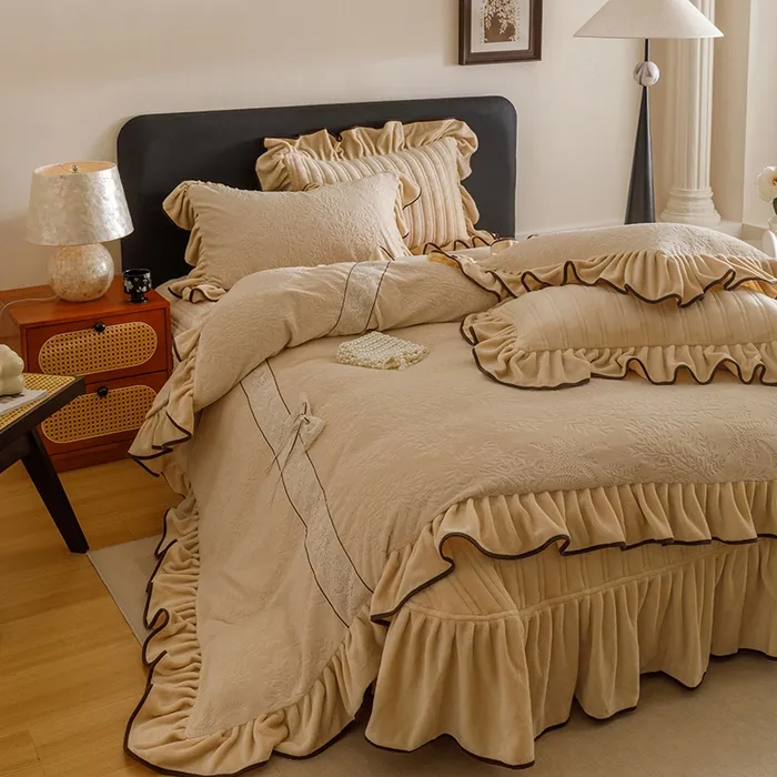 冬季加厚保暖床盖韩版床品套件公主风床裙雕花绒被套四件套_菊