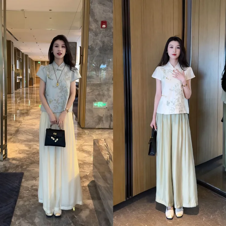 新中式气质国风刺绣上衣女装2025夏季新款阔腿裤慵懒休闲套装