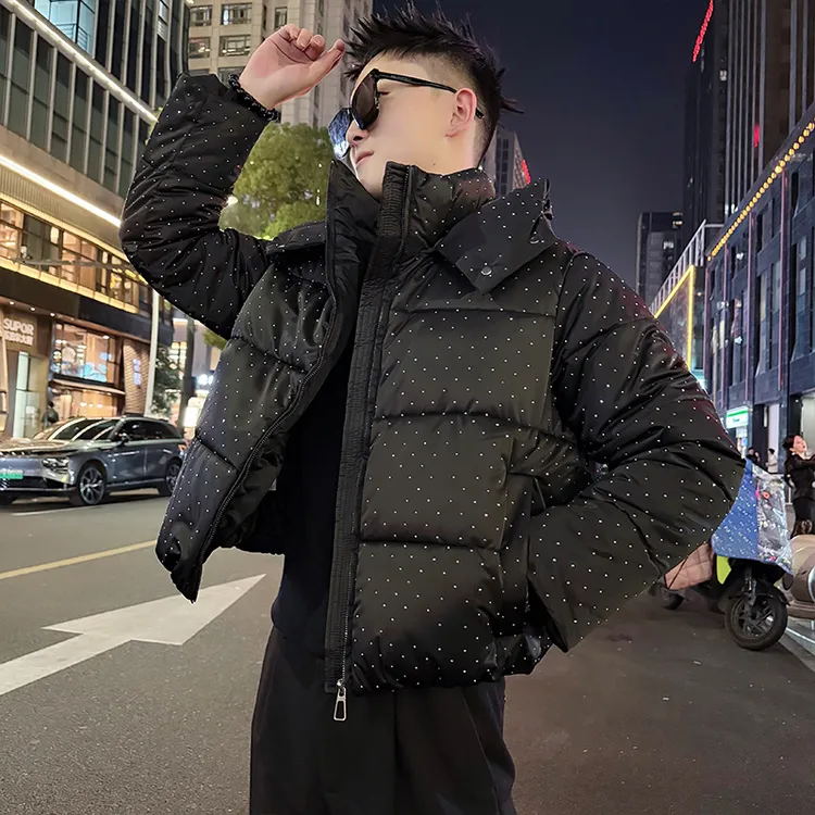 烫钻设计感男士棉服冬季保暖时尚连帽休闲棉衣百搭短款加厚袄子男