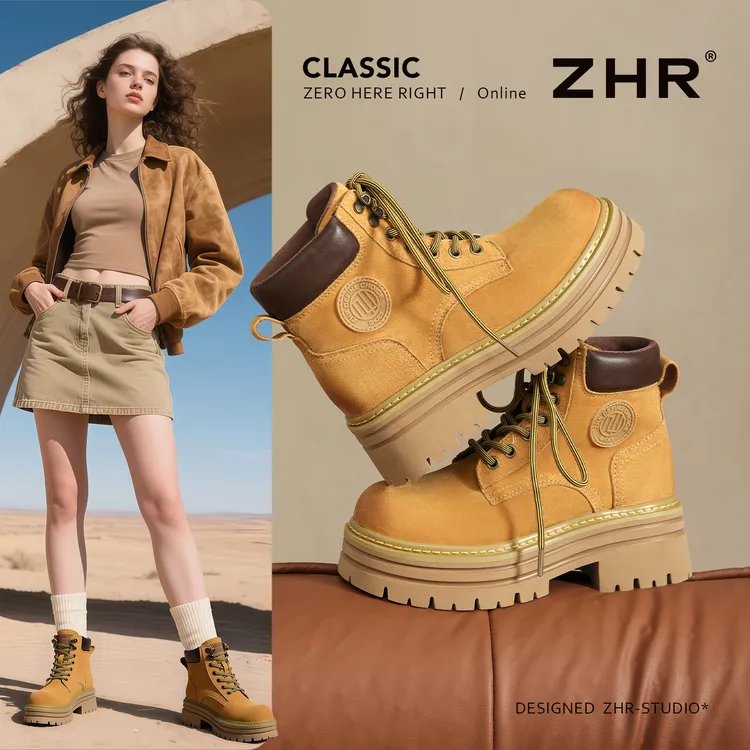 ZHR大黄蜂马丁靴女2025秋新款真皮厚底英伦风大黄靴户外徒步短靴