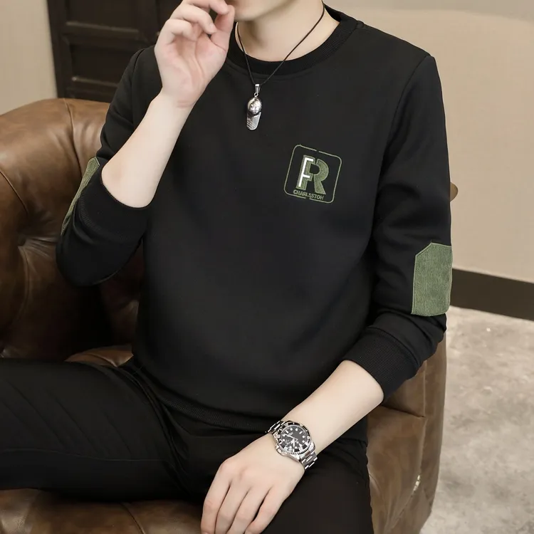 2025春秋季男士圆领卫衣宽松休闲T恤打底衫男装加绒上衣服秋衣