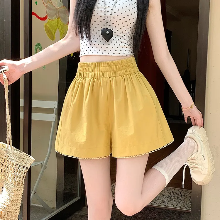 花边休闲短裤女2025夏季新款松紧腰百搭洋气显瘦极简风阔腿热裤