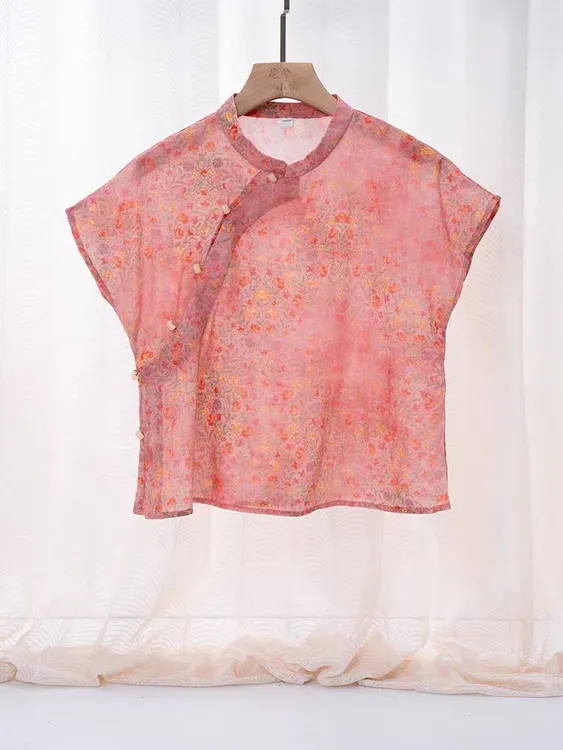 新中式中国风碎花衬衫女夏季复古棉麻小衫小飞袖中式盘扣苎麻上衣