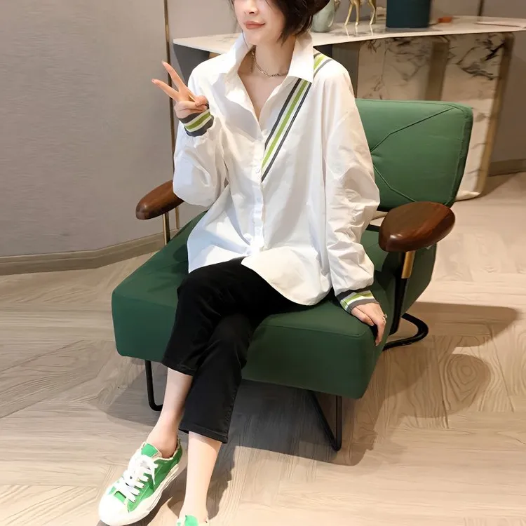 棉白色休闲长袖衬衫女宽松减龄简约百搭上衣春装2024新款欧洲站