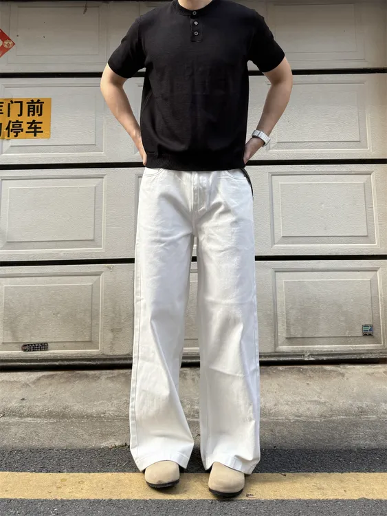 美式潮牌cleanfit白色简约基础款牛仔裤男宽松直筒阔腿通勤裤子潮