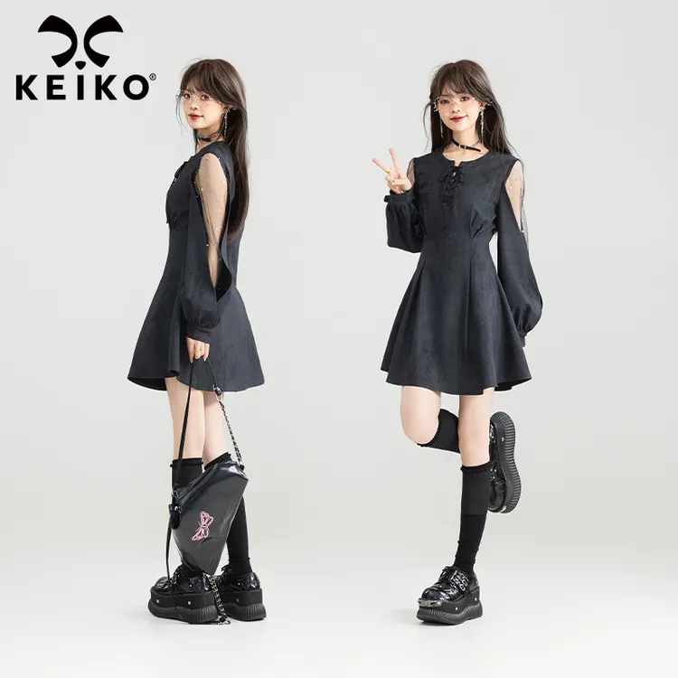 KEIKO 千金辣妹轻纱灯笼袖连衣裙高级感褶皱收腰显瘦短裙