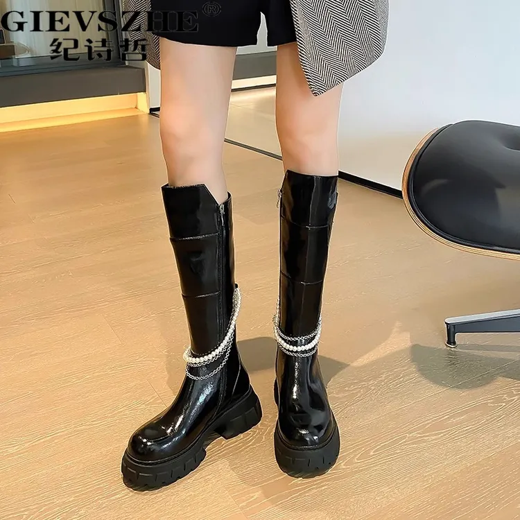 纪诗哲白色松糕厚底骑士靴女真皮时尚气质型长筒靴珍珠链条时装靴