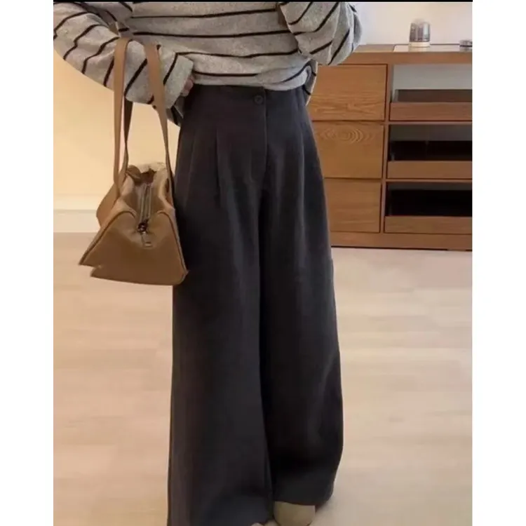 慵懒高级感灰色毛呢裤子女款高腰直筒阔腿裤3333#