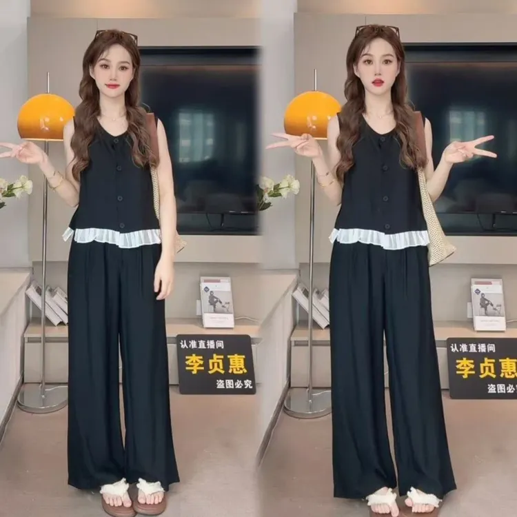 现货/善雅 百搭休闲亚麻#3205长裤+无袖荷叶边上衣两件套简约显瘦