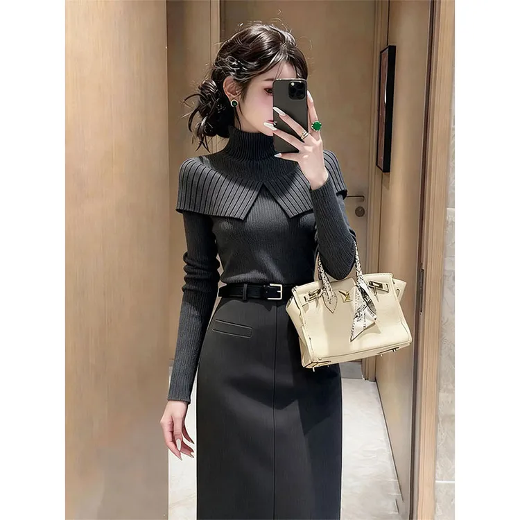 秋装搭配一整套时尚洋气高级感巨好看的灰色斗篷披肩毛衣套装裙女