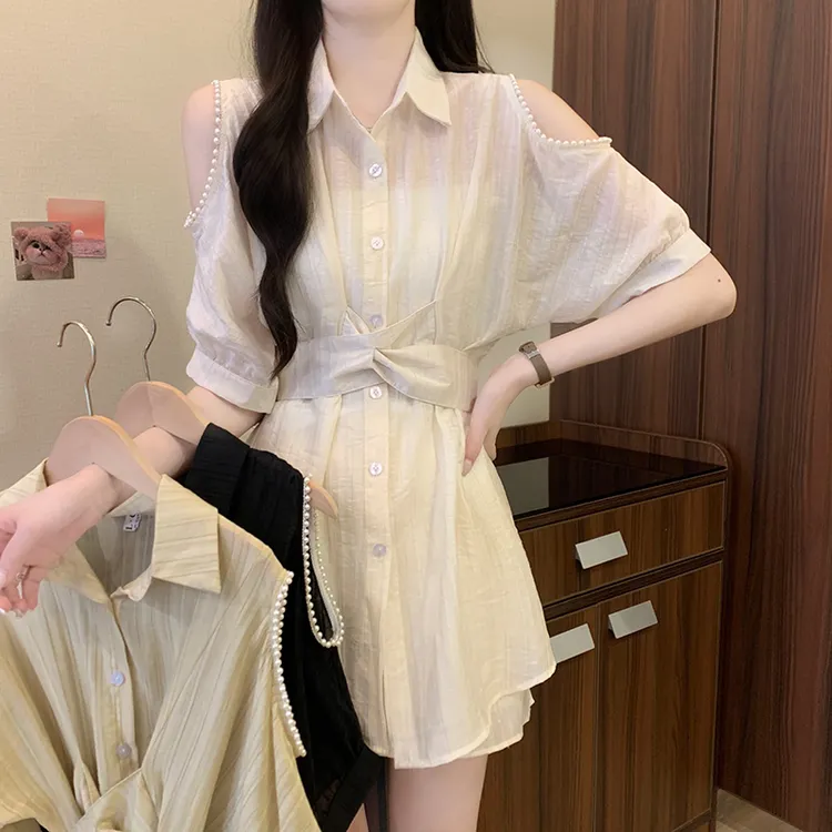 大码女装夏季新款胖mm气质收腰显瘦露肩防晒衫短裤两件套装