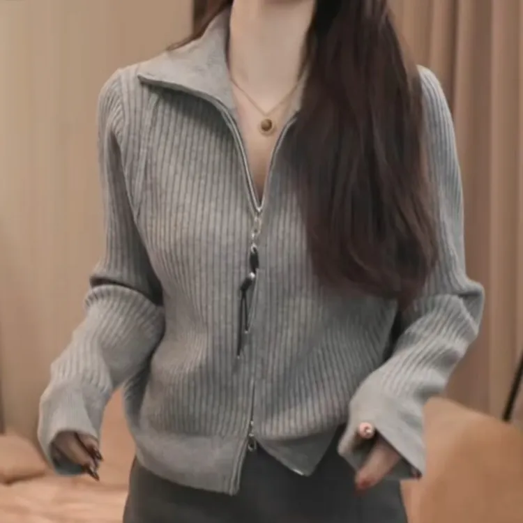 韩式休闲风拉链长袖减龄设计感针织开衫LK2509250