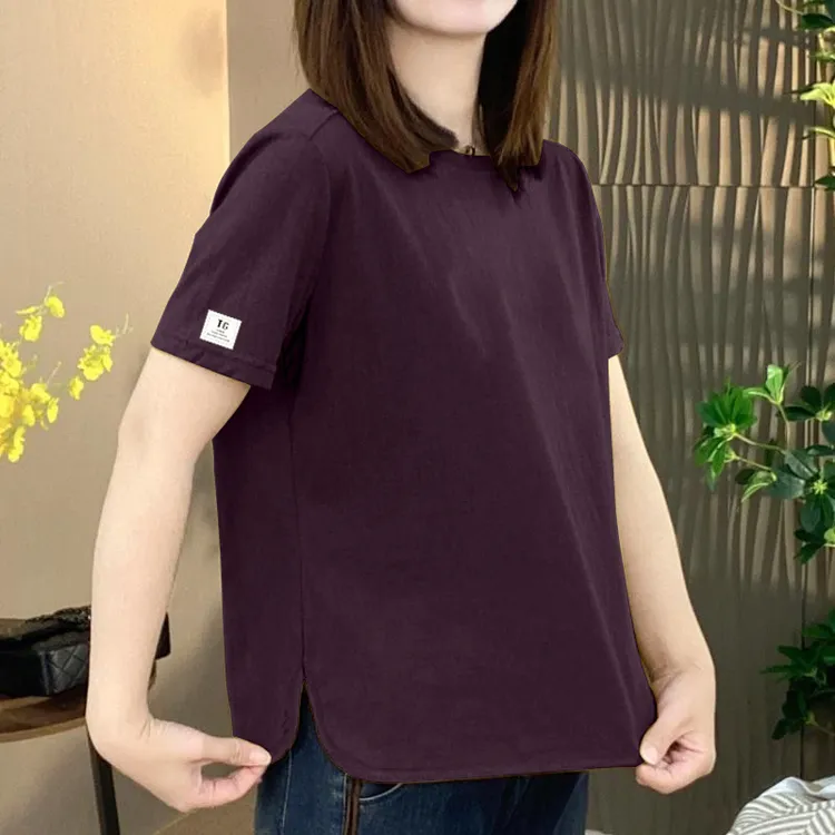 100%纯棉短袖t恤女2025夏季新款韩版大码宽松显瘦开叉上衣体恤衫