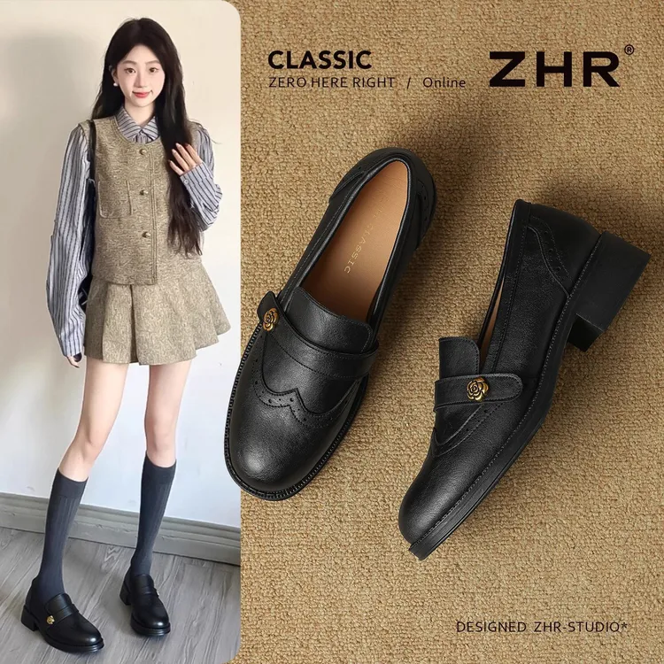 ZHR乐福鞋2025秋新款法式复古外穿女鞋舒适软底豆豆鞋粗跟小皮鞋