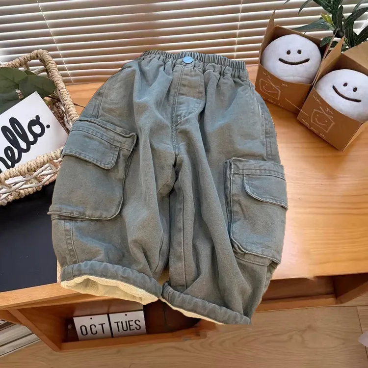 超韩系！男童加绒加厚一体绒冬季新款水洗棉布工装裤加绒加厚裤子