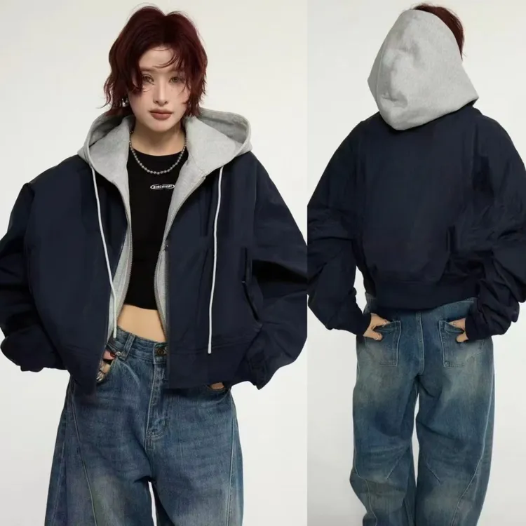 韩国东大门爆款棒球服假两件连帽秋时尚休闲宽松短款外套女上衣