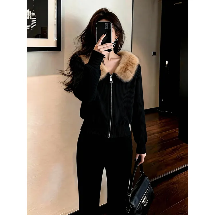 韩系奶呼呼软糯毛领黑色针织衫外套秋冬小个子慵懒风宽松毛衣女装