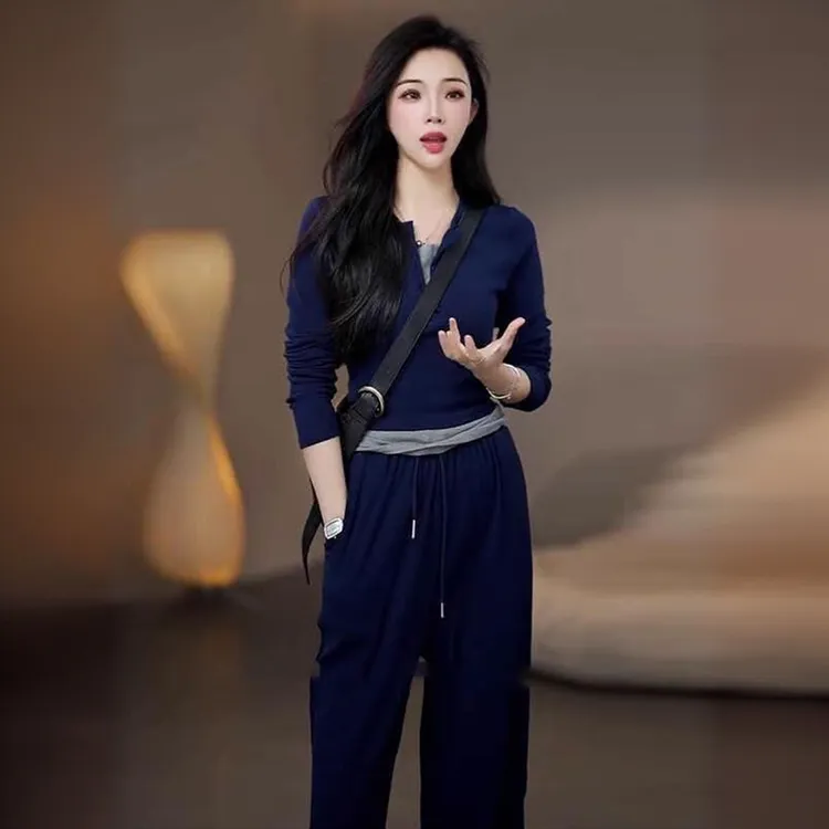 网红气质百搭休闲运动女春秋新款时尚洋气假两件套针织衫阔腿显瘦